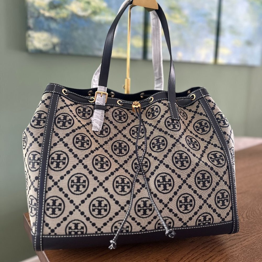 NEW! Tory Burch Jacquard Drawstring Tote -Large Navy NWT & dustbag - Picture 2 of 14